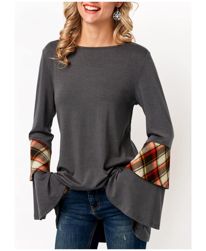 Patchwork Flare Sleeve Grey T Shirt